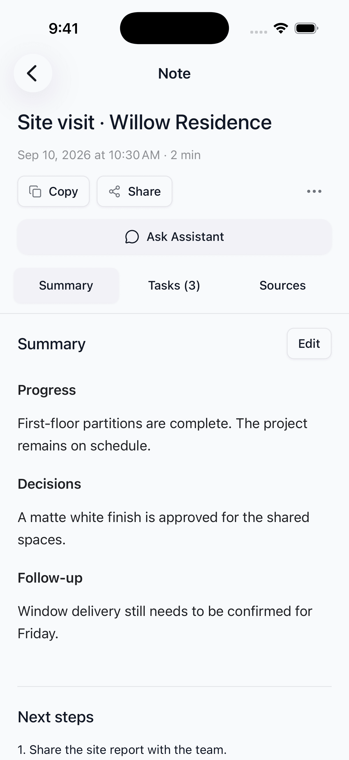 Notefield iPhone app: construction site report with progress, decisions, and follow-up items.