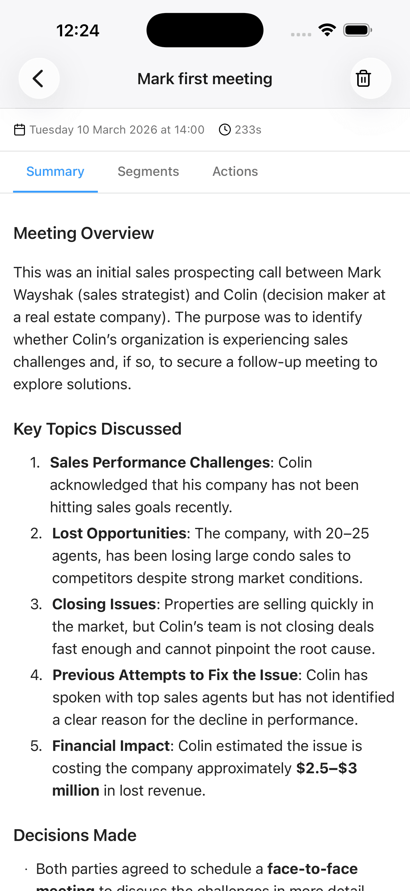 App view showing a meeting summary, key topics, segments, and actions